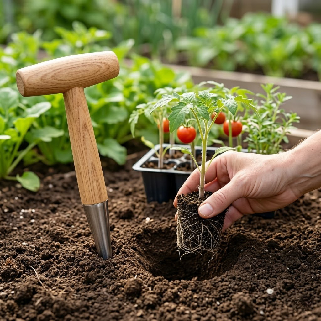 Gardening Tools For Digging - Wood Handle Hand Dibber Garden Hole